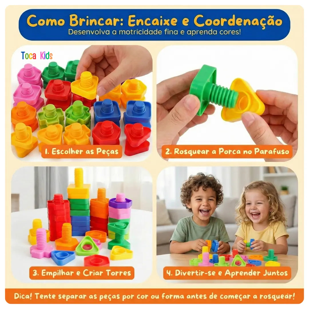 Kit Pedagógico de Encaixar: Parafusos e Porcas Coloridos (20 Peças) | Toca Kids