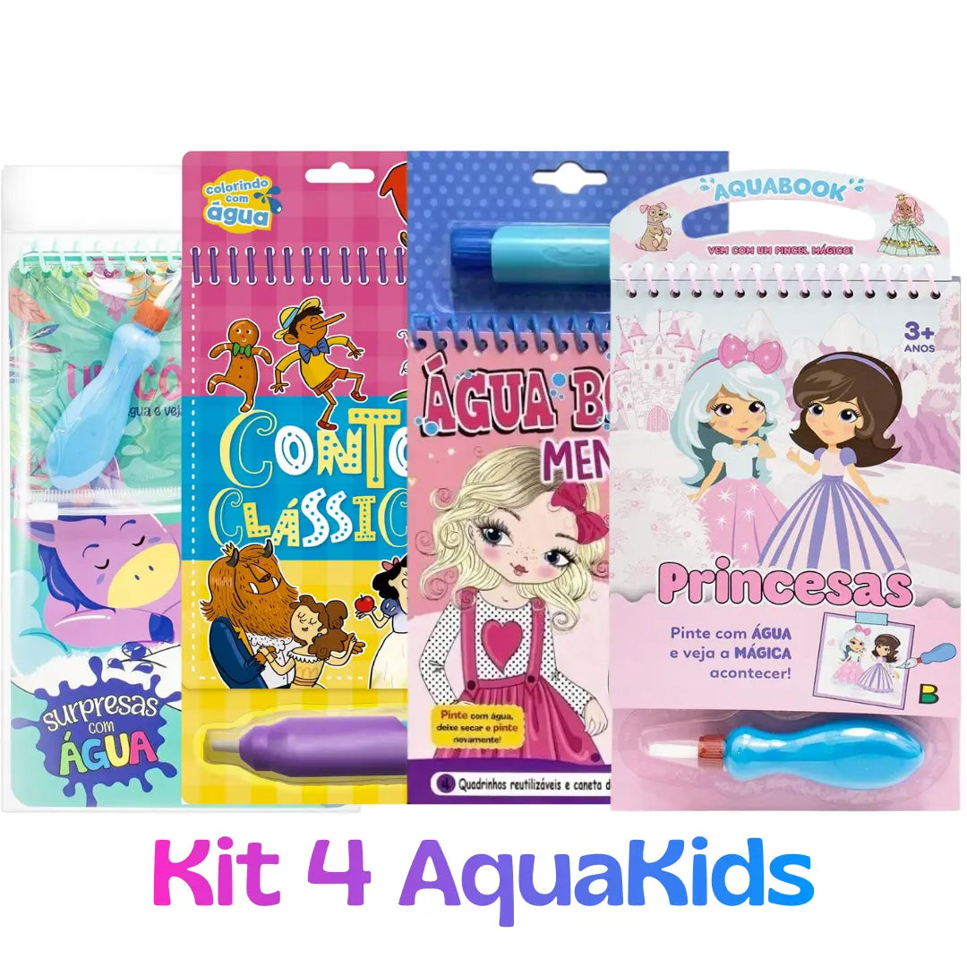Kit com 4 livros mágicos de colorir com água para meninas. Capas com temas de Unicórnio, Contos Clássicos, Meninas Fashion e Princesas. Inclui caneta mágica recarregável de água.