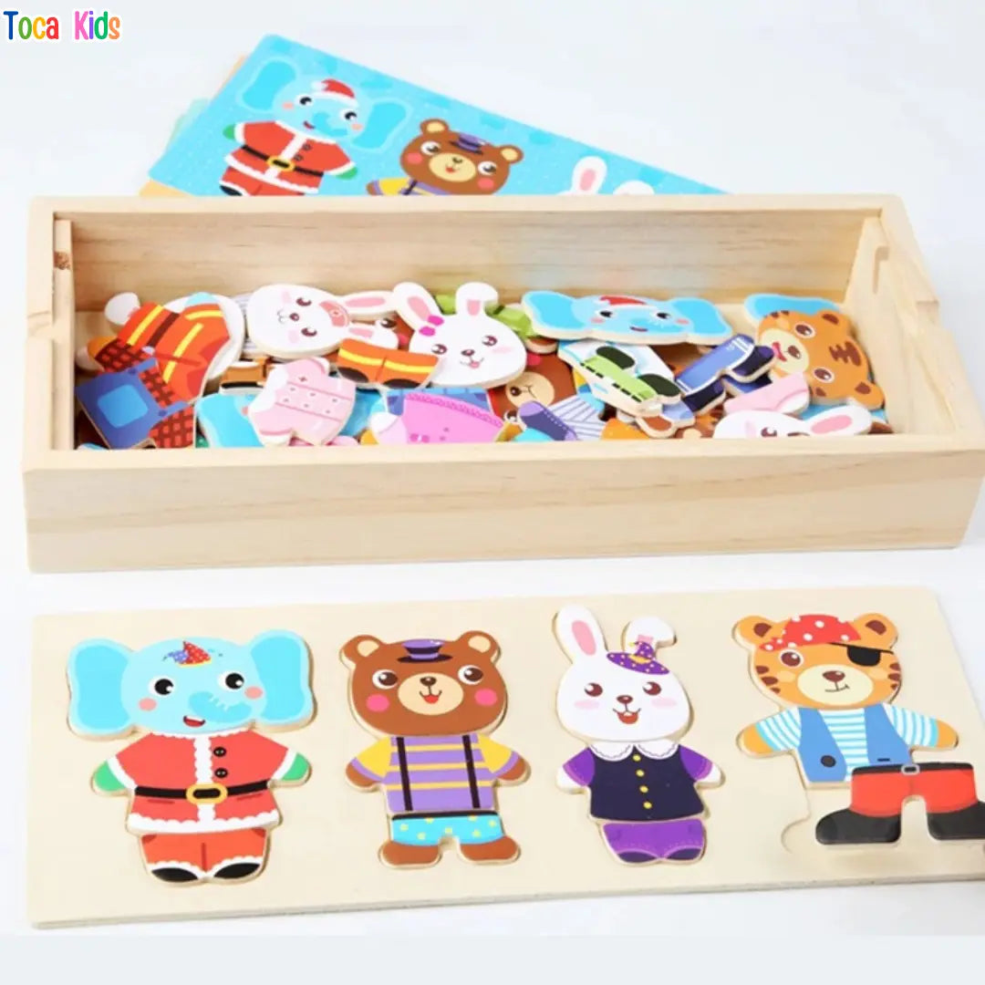 Quebra-Cabeça de Madeira Vestir Animais – Brinquedo Educativo | Toca Kids